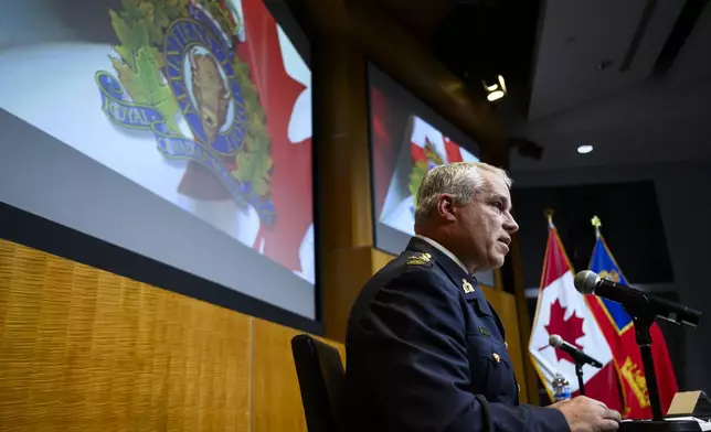 RCMP Commissioner Mike Duheme speaks during a news conference at RCMP National Headquarters in Ottawa, Ontaio, Monday, Oct. 14, 2024. (Justin Tang/The Canadian Press via AP)