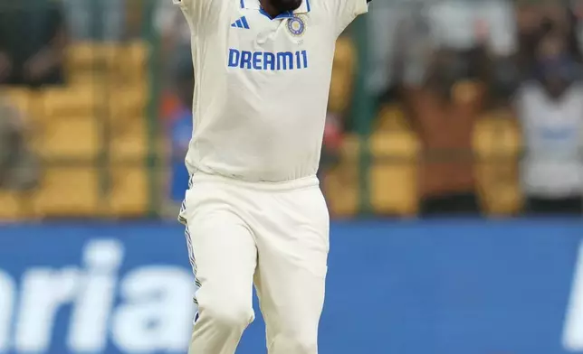 India's Jasprit Bumrah appeals unsuccessfully for the wicket of New Zealand's captain Tom Latham during the day four of the first cricket test match between India and New Zealand at the M.Chinnaswamy Stadium, in Bengaluru, India, Saturday, Oct. 19, 2024. (AP Photo/Aijaz Rahi)