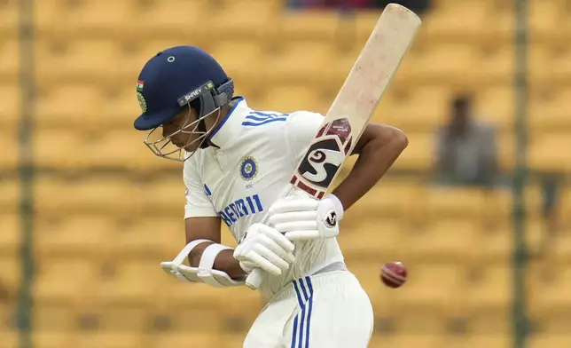 India's Yashasvi Jaiswal bats during the day two of the first cricket test match between India and New Zealand at the M.Chinnaswamy Stadium, in Bengaluru, India, Thursday, Oct. 17, 2024. (AP Photo/Aijaz Rahi)