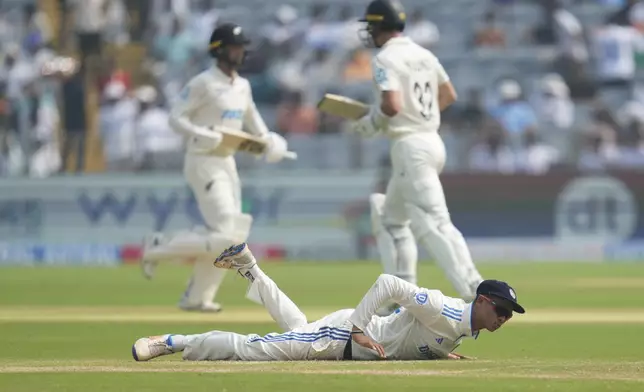 India's Yashasvi Jaiswal fields the ball during the day one of the second cricket test match between India and New Zealand at the Maharashtra Cricket Association Stadium , in Pune, India, Thursday, Oct. 24, 2024. (AP Photo/Rafiq Maqbool)