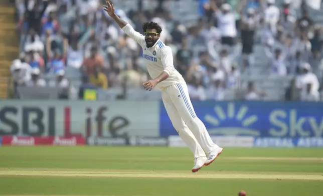 India's Ravindra Jadeja appeals unsuccessfully for the wicket of New Zealand's Devon Conway during the day one of the second cricket test match between India and New Zealand at the Maharashtra Cricket Association Stadium , in Pune, India, Thursday, Oct. 24, 2024. (AP Photo/Rafiq Maqbool)