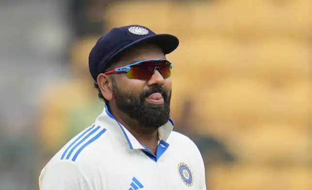 India's captain Rohit Sharma reacts as he leaves the field after their loss against New Zealand on the day five of the first cricket test match at the M.Chinnaswamy Stadium, in Bengaluru, India, Sunday, Oct. 20, 2024. (AP Photo/Aijaz Rahi)