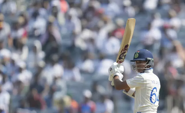 India's Yashasvi Jaiswal plays a shot during the day three of the second cricket test match between India and New Zealand at the Maharashtra Cricket Association Stadium , in Pune, India, Saturday, Oct. 26, 2024. (AP Photo/Rafiq Maqbool)