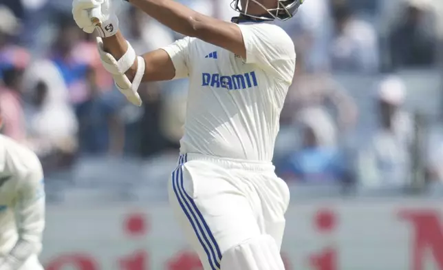 India's Yashasvi Jaiswal plays a shot during the day three of the second cricket test match between India and New Zealand at the Maharashtra Cricket Association Stadium , in Pune, India, Saturday, Oct. 26, 2024. (AP Photo/Rafiq Maqbool)