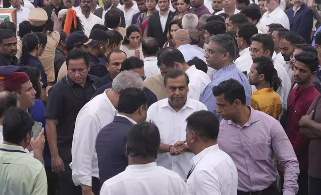 Indian industrialist Mukesh Ambani arrives to offer his tributes to Indian business leader Ratan Tata who died on Wednesday night, in Mumbai, India, Thursday, Oct. 10, 2024. (AP Photo /Rafiq Maqbool)