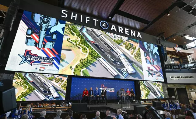 The scene during a news conference announcing the IndyCar Grand Prix of Arlington to be held in 2026 in Arlington, Texas, Tuesday, Oct. 8, 2024. (AP Photo/Jerome Miron)