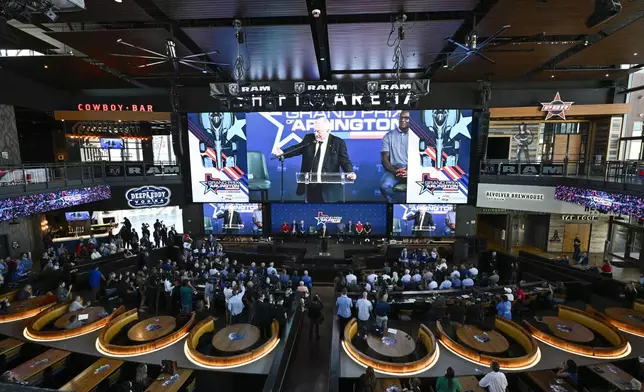 Dallas Cowboys team owner Jerry Jones speaks to the media during a news conference announcing the IndyCar Grand Prix of Arlington to be held in 2026 in Arlington, Texas, Tuesday, Oct. 8, 2024. (AP Photo/Jerome Miron)