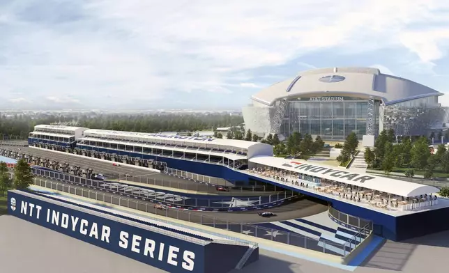 This artists rendering provided by IndyCar shows a race car passing stands for spectators during an IndyCar race near AT&amp;T Stadium in Arlington, Texas. (IndyCar via AP )