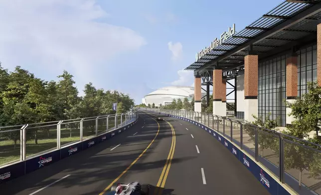 This artists rendering provided by IndyCar shows race cars passing Globe Life Field and AT&amp;T Stadium during an IndyCar race in Arlington, Texas. (IndyCar via AP)