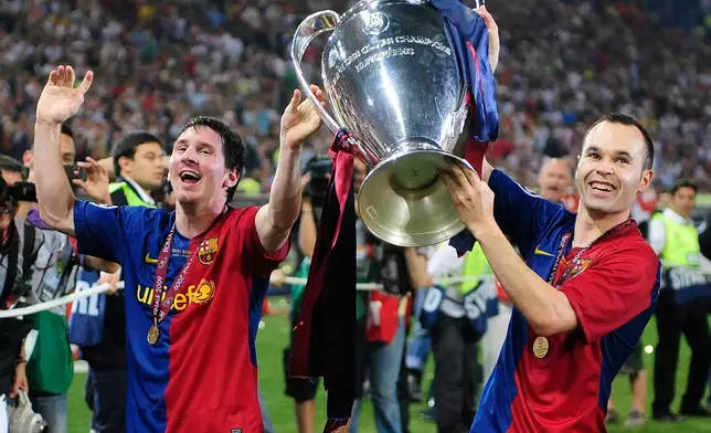 FILE - Barcelona's Andres Iniesta, right, and Lionel Messi hold the trophy at the end of the Champions League final soccer match between Manchester United and Barcelona in Rome, on May 27, 2009. Andres Iniesta who scored Spain's World Cup-winning goal in 2010 and was one of the key players who made Barcelona's tiki-taka thrive for so long, announced his retirement from soccer on Tuesday. (AP Photo/Manu Fernandez, File)