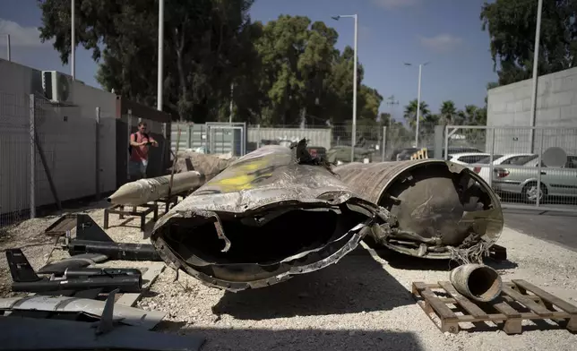 Iranian ballistic missile components that were fired at Israel are displayed during a government-organized media tour on a base in southern Israel, Wednesday, Oct. 9, 2024. (AP Photo/Maya Alleruzzo)