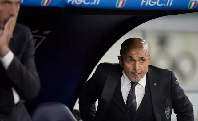 Italy's head coach Luciano Spalletti during the UEFA Nations League soccer match between Italy and Belgium at the Stadio Olimpico in Rome, Italy, on Thursday, Oct. 10, 2024. (AP Photo/Alessandra Tarantino)