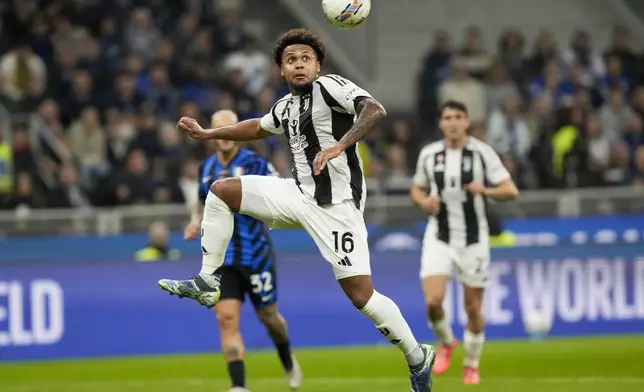 Juventus' Weston McKennie is in action during a Serie A soccer match between Inter Milan and Juventus at the San Siro stadium in Milan, Italy, Sunday, Oct. 27, 2024. (AP Photo/Luca Bruno)