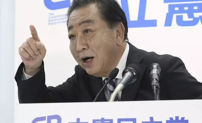 Yoshihiko Noda, leader of Japan's opposition Constitutional Democratic Party, speaks to the media about the lower house election at the party's headquarters Sunday, Oct. 27, 2024 in Tokyo, (Kyodo News via AP)