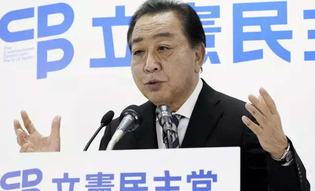 Yoshihiko Noda, leader of Japan's opposition Constitutional Democratic Party, speaks to the media regarding the lower house election at the party's headquarters Sunday, Oct. 27, 2024 in Tokyo, (Kyodo News via AP)