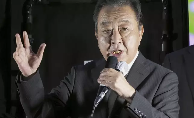 Leader of opposition Constitutional Democratic Party of Japan, Yoshihiko Noda speaks during a campaigning for a parliamentary election in Tokyo, Japan, Saturday, Oct. 26, 2024. (Kyodo News via AP)