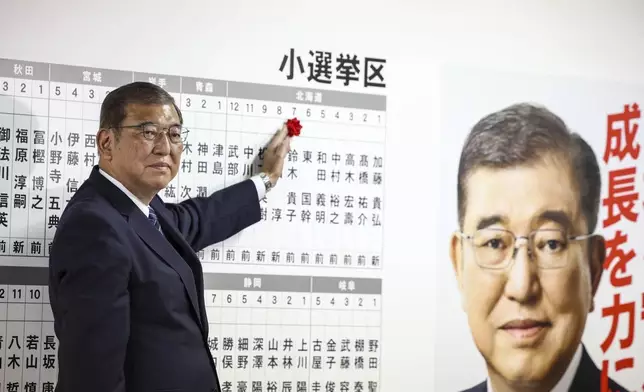 Japan's Prime Minister and president of the Liberal Democratic Party (LDP) Shigeru Ishiba poses with a pin above the name of a candidate who won the lower house election, the LDP headquarters Sunday, Oct. 27, 2024 in Tokyo, (Takashi Aoyama/Pool Photo via AP)