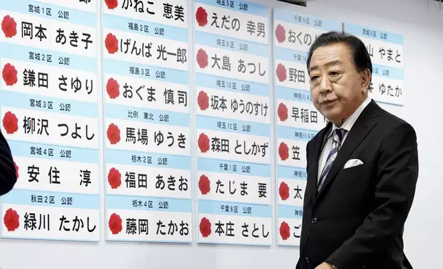 Yoshihiko Noda, leader of Japan's opposition Constitutional Democratic Party, prepares for a media while the board shows the names of the party's candidates who won the lower house election, at the party's headquarters Sunday, Oct. 27, 2024 in Tokyo, (Kyodo News via AP)