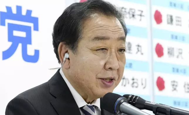 Yoshihiko Noda, leader of Japan's opposition Constitutional Democratic Party, speaks to the media regarding the lower house election, at the party's headquarters Sunday, Oct. 27, 2024 in Tokyo, (Kyodo News via AP)