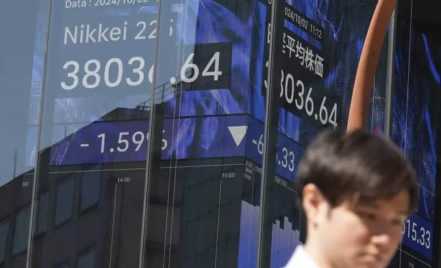 A person walks in front of an electronic stock board showing Japan's Nikkei index at a securities firm Wednesday, Oct. 2, 2024, in Tokyo. (AP Photo/Eugene Hoshiko)