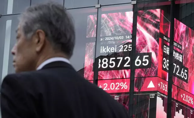 A person stands in front of an electronic stock board showing Japan's Nikkei index at a securities firm Thursday, Oct. 3, 2024, in Tokyo. (AP Photo/Eugene Hoshiko)