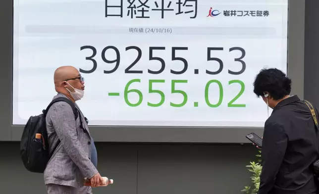 People walk in front of an electronic stock board showing Japan's Nikkei index at a securities firm Wednesday, Oct. 16, 2024, in Tokyo. (AP Photo/Eugene Hoshiko)