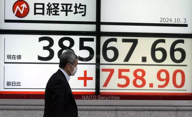 A person walks in front of an electronic stock board showing Japan's Nikkei index at a securities firm Thursday, Oct. 3, 2024, in Tokyo. (AP Photo/Eugene Hoshiko)