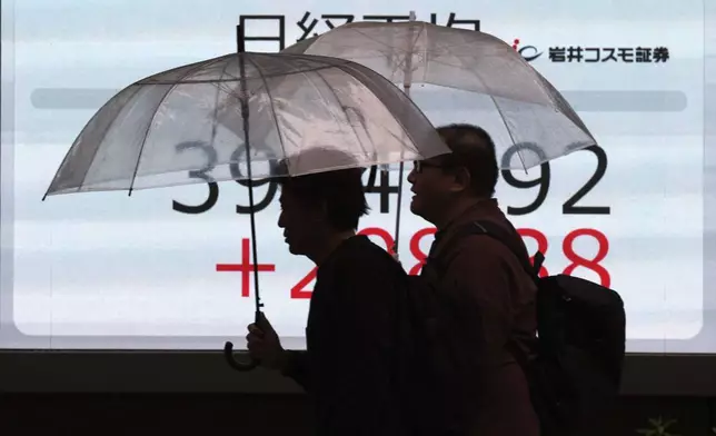 People walk in front of an electronic stock board showing Japan's Nikkei index at a securities firm, Wednesday, Oct. 9, 2024, in Tokyo. (AP Photo/Eugene Hoshiko)