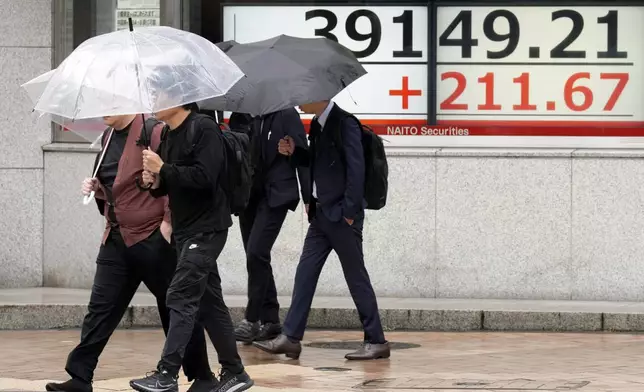 People walk in front of an electronic stock board showing Japan's Nikkei index at a securities firm, Wednesday, Oct. 9, 2024, in Tokyo. (AP Photo/Eugene Hoshiko)