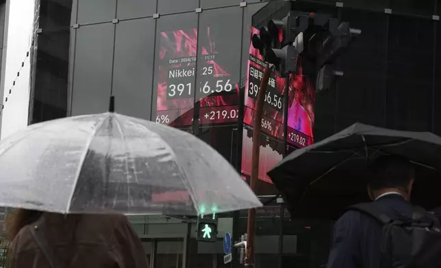 People walk in front of an electronic stock board showing Japan's Nikkei index at a securities firm, Wednesday, Oct. 9, 2024, in Tokyo. (AP Photo/Eugene Hoshiko)