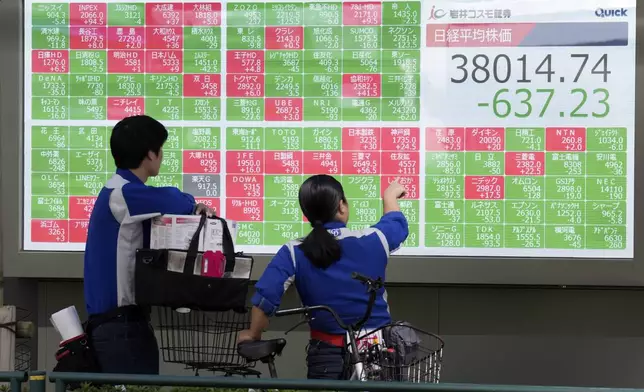 People watch an electronic stock board showing Japan's Nikkei index at a securities firm Wednesday, Oct. 2, 2024, in Tokyo. (AP Photo/Eugene Hoshiko)