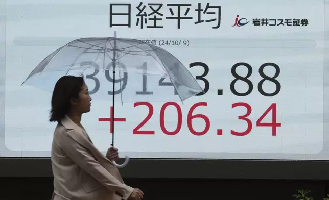 A person walks in front of an electronic stock board showing Japan's Nikkei index at a securities firm, Wednesday, Oct. 9, 2024, in Tokyo. (AP Photo/Eugene Hoshiko)