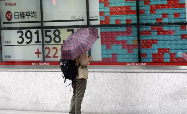 A person looks at an electronic stock board showing Japan's Nikkei index at a securities firm, Wednesday, Oct. 9, 2024, in Tokyo. (AP Photo/Eugene Hoshiko)