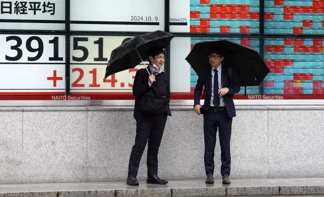 People stand in front of an electronic stock board showing Japan's Nikkei index at a securities firm, Wednesday, Oct. 9, 2024, in Tokyo. (AP Photo/Eugene Hoshiko)