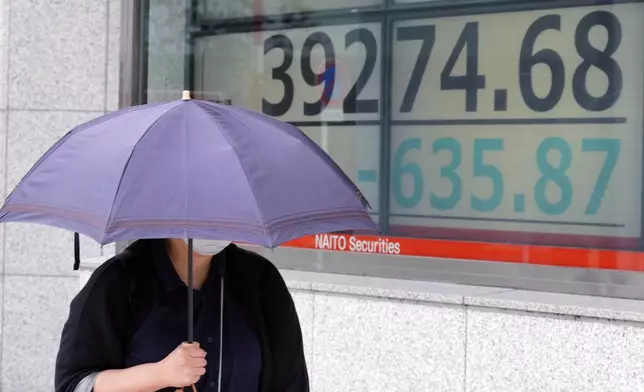 A person walks in front of an electronic stock board showing Japan's Nikkei index at a securities firm Wednesday, Oct. 16, 2024, in Tokyo. (AP Photo/Eugene Hoshiko)