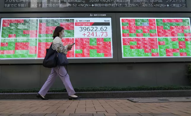 A passerby moves past an electronic stock board showing Japan's Nikkei 225 index and stock prices outside a securities building Friday, Oct. 11, 2024 in Tokyo. (AP Photo/Shuji Kajiyama)