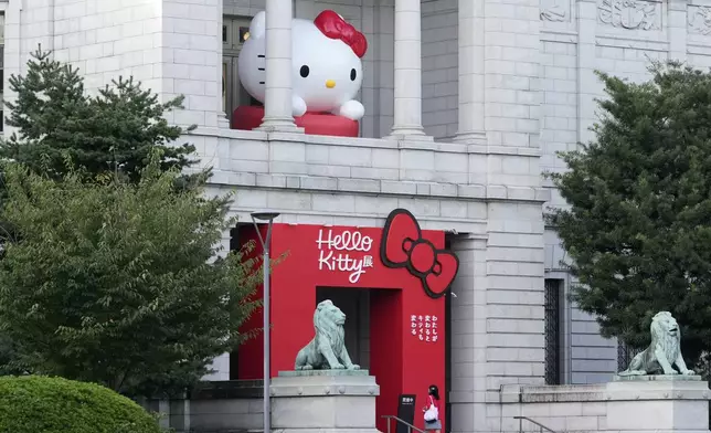 Hello Kitty display is seen at the Tokyo National Museum where the exhibition "As I change, so does she," is held, marking the 50th anniversary of Hello Kitty in Tokyo Wednesday, Oct. 30, 2024. (AP Photo/Shuji Kajiyama)