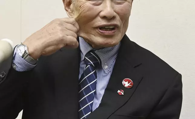 Toshiyuki Mimaki, president of Nihon Hidankyo, or the Japan Confederation of A- and H-Bomb Sufferers Organizations, reacts as he speaks to media members in Hiroshima, western Japan, Friday, Oct. 11, 2024, following Nihon Hidankyo's winning the Nobel Peace Prize. (Moe Sasaki/Kyodo News via AP)