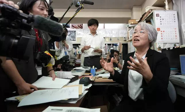 Masako Kudo, an official of Nihon Hidankyo, or the Japan Confederation of A- and H-Bomb Sufferers Organizations, speaks to media members at its Tokyo office in Tokyo, Friday, Oct. 11, 2024, following Ninon Hidankyo's winning the Nobel Peace Prize. (AP Photo/Shuji Kajiyama)