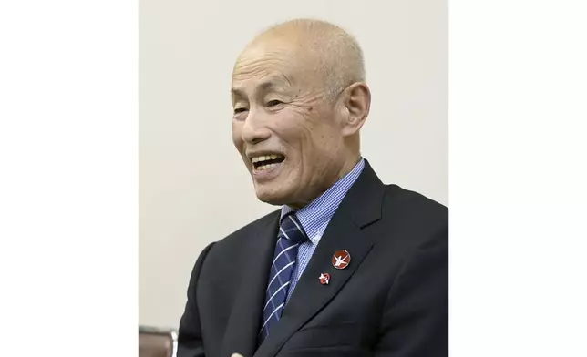 Toshiyuki Mimaki, president of Nihon Hidankyo, or the Japan Confederation of A- and H-Bomb Sufferers Organizations, speaks to media members in Hiroshima, western Japan, Friday, Oct. 11, 2024, following Nihon Hidankyo's winning the Nobel Peace Prize. (Moe Sasaki/Kyodo News via AP)