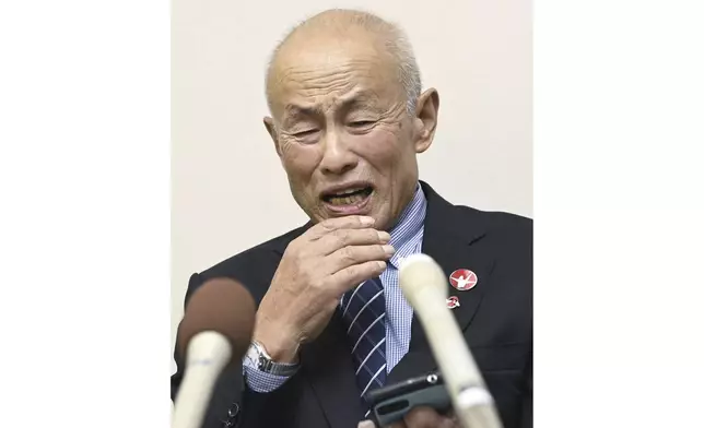 Toshiyuki Mimaki, president of Nihon Hidankyo, or the Japan Confederation of A- and H-Bomb Sufferers Organizations, reacts as he speaks to media members in Hiroshima, western Japan, Friday, Oct. 11, 2024, following Nihon Hidankyo's winning the Nobel Peace Prize. (Moe Sasaki/Kyodo News via AP)