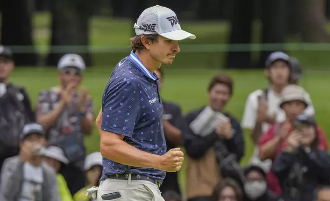 Nico Echavarria of Colombia gestures after putting on the 13th green in the final round of the PGA Tour Zozo Championship at the Narashino Country Club in Inzai on the outskirts of Tokyo, Sunday, Oct. 27, 2024. (AP Photo/Tomohiro Ohsumi)