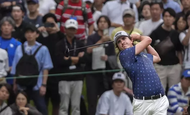 Nico Echavarria of Colombia hits a shot on the on the 18th hole in the final round of the PGA Tour Zozo Championship at the Narashino Country Club in Inzai on the outskirts of Tokyo, Sunday, Oct. 27, 2024. (AP Photo/Tomohiro Ohsumi)