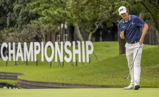 Nico Echavarria of Colombia reacts after putting on the 16th green in the final round of the PGA Tour Zozo Championship at the Narashino Country Club in Inzai on the outskirts of Tokyo, Sunday, Oct. 27, 2024. (AP Photo/Tomohiro Ohsumi)