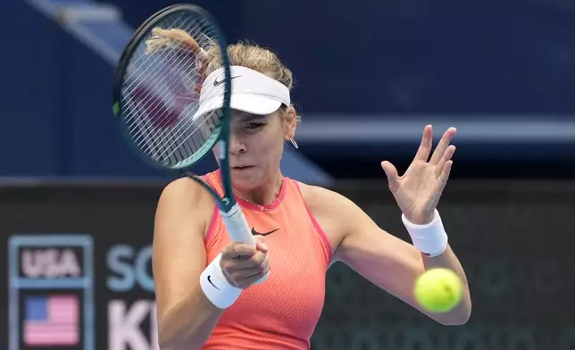 Britain's Katie Boulter plays against Sofia Kenin of the United States during the semifinal match of the Pan Pacific Open women's tennis tournament at Ariake Coliseum, in Tokyo, Saturday, Oct. 26, 2024. (AP Photo/Eugene Hoshiko)