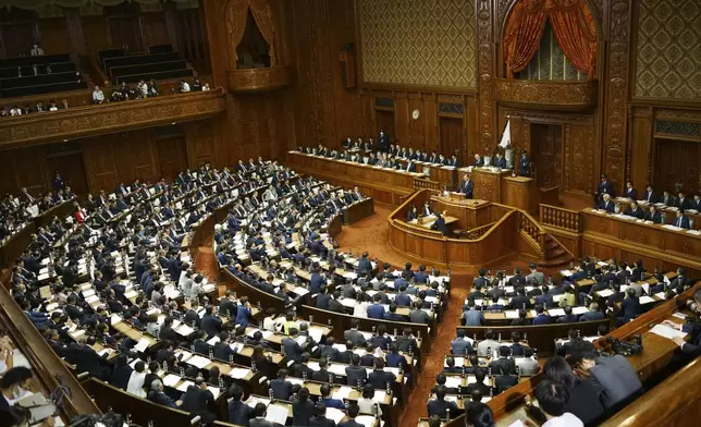 Japanese Prime Minister Shigeru Ishiba delivers his first policy speech during a Diet session at the Lower House of the Parliament Friday, Oct. 4, 2024, in Tokyo. (AP Photo/Eugene Hoshiko)