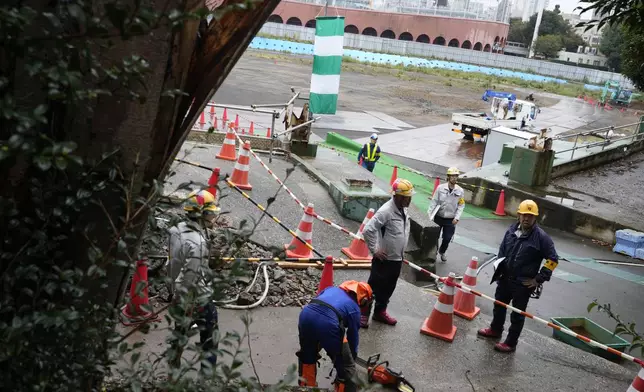 Workers are seen at the site as environmentalists hold a rally near the Jingu Gaien park district of central Tokyo, Japan, to protest property developer Mitsui Fudosan beginning cutting trees as part of the redevelopment of the area, Monday, Oct. 28, 2024. (AP Photo/Hiro Komae)