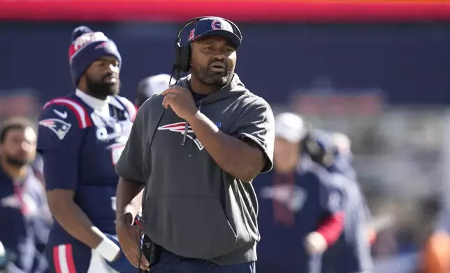 New England Patriots head coach Jerod Mayo shouts from the sidelines in the first half of an NFL football game against the New York Jets, Sunday, Oct. 27, 2024, in Foxborough, Mass. (AP Photo/Charles Krupa)