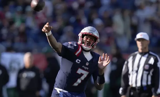 New England Patriots quarterback Jacoby Brissett (7) passes in the second half of an NFL football game against the New York Jets, Sunday, Oct. 27, 2024, in Foxborough, Mass. (AP Photo/Charles Krupa)