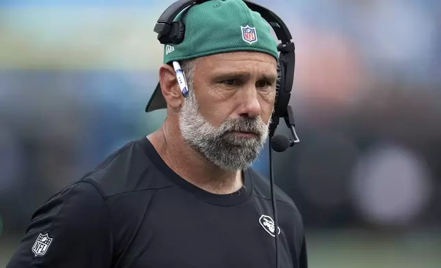 FILE - New York Jets defensive coordinator Jeff Ulbrich walks the sideline during an NFL preseason football game against the Carolina Panthers, Saturday, Aug. 12, 2023, in Charlotte, N.C. (AP Photo/Brian Westerholt, File)